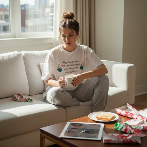 T‑Shirt – NGOrder – White – Sleigh Bells Ring Hangover Christmas Graphic Cotton - Picture 4 of 4